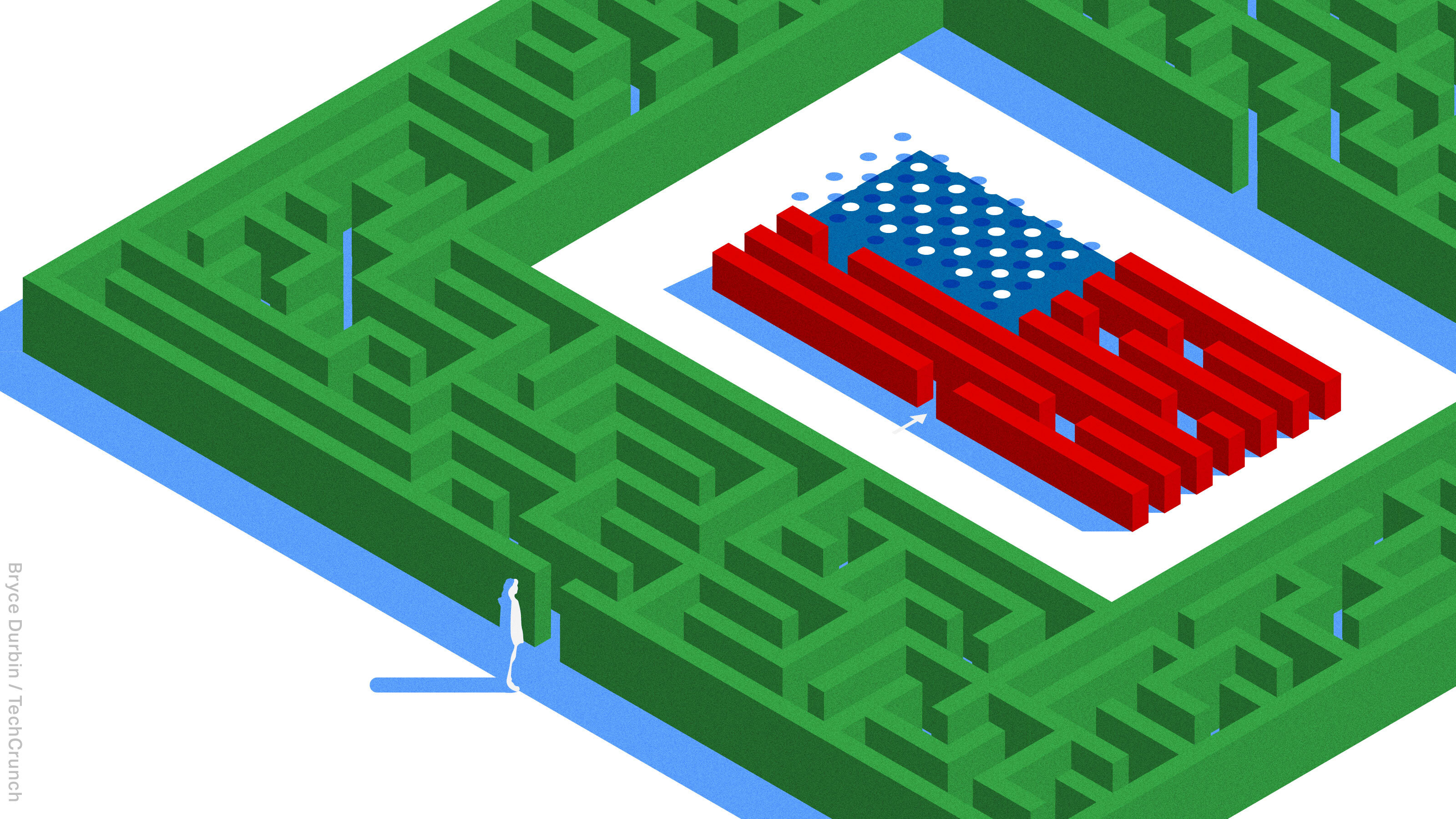 einsame Figur am Eingang zum Labyrinth Hecke, die eine amerikanische Flagge in der Mitte hat