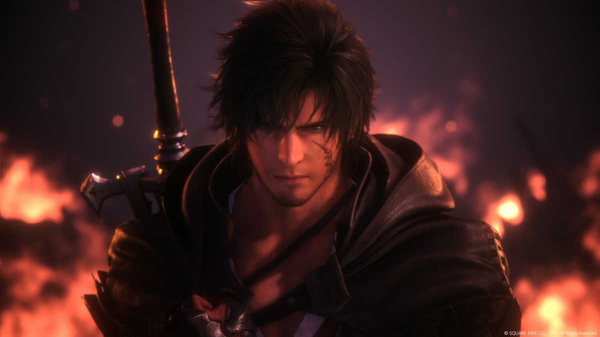 Bild von Final Fantasy XVI-Protagonist Clive Rosefield, der vor einem Hintergrund aus Flammen steht